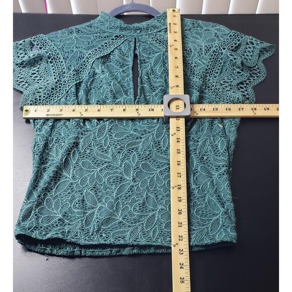 Daytrip Blouse M Teal Green Smocked Lace Mock Neck Keyhole Dainty Feminine Fall - Picture 6 of 9